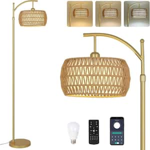 65 in. Gold Boho Dimmable 1-Light Arc Floor Lamp with Rattan and Fabric Drum Shade, Remote, APP, Foot Switch