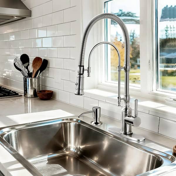Single-Handle Deck-Mount Semi-Commercial Spring Pull-Down Sprayer Kitchen Faucet with Soap Dispenser in Brushed Nickel