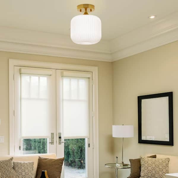 Vanna 8 in. Gold-Tone Metal Semi-Flush Mount with Frosted White Globe Shade