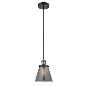 Cone 1-Light Black Antique Brass Shaded Pendant Light with Plated Smoke Glass Shade