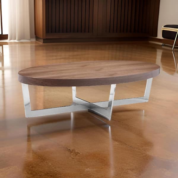 Benjara Tini 28 in. Brown and Chrome Oval Wood Coffee Table with Oval Top and Chrome Frame