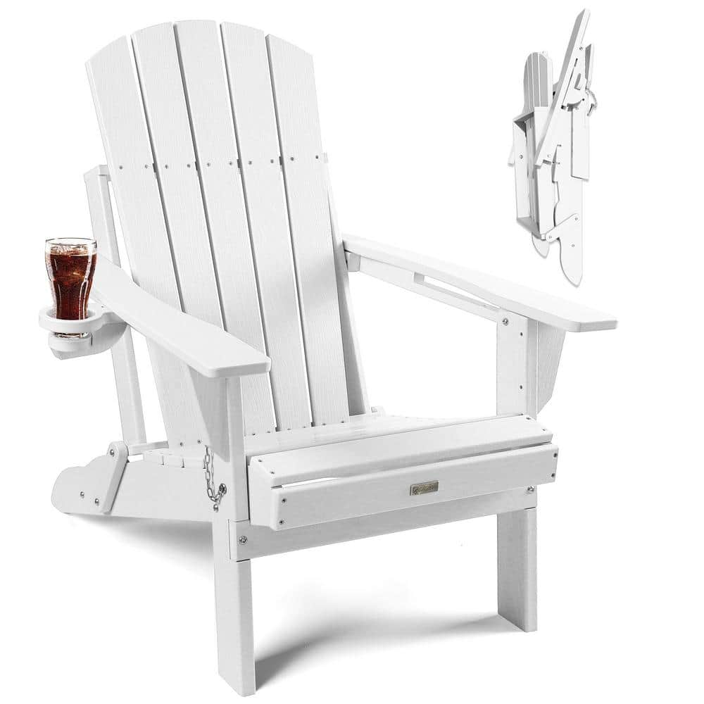 Mximu White HDPE Outdoor Folding Plastic Adirondack Chair with Cupholder