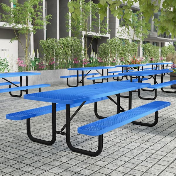 Mantill 57.5 in. Blue Rectangle Steel Outdoor Picnic Tables Seats 6 People Without Umbrella Hole