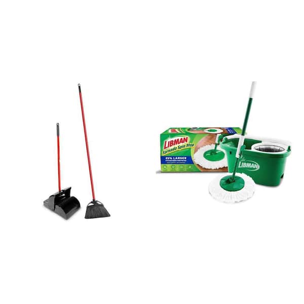 11 in. Angle Broom with Steel Handle, Dustpan Combo and 14 in. Spin Mop with Bucket System