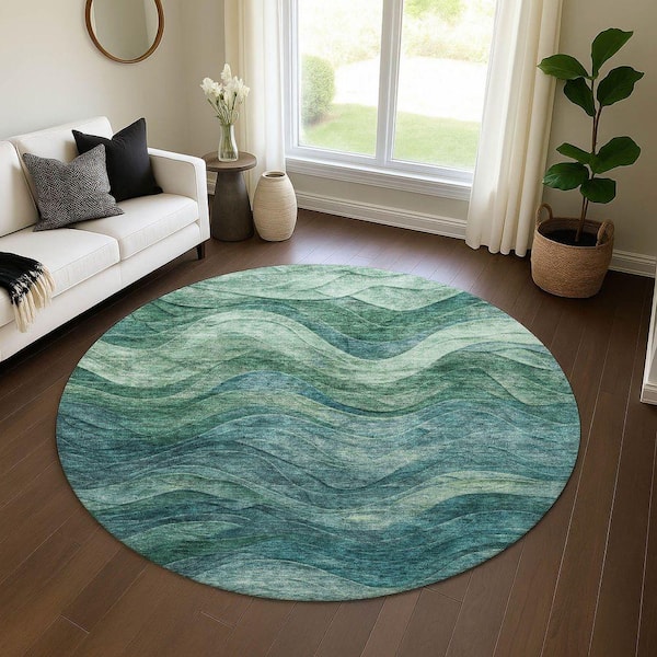Mayfield Premium Machine Washable Abstract AMF1700 Teal 8 ft. x 8 ft. Round Rug