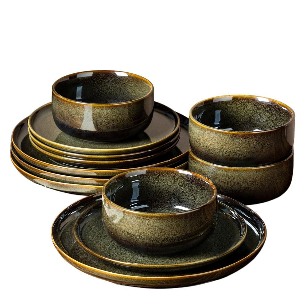 12-Piece Olive Green Ceramic Dinnerware Set (Service for 4), Handmade Reactive Glaze Plates and Bowls Set price history on PriceWatchPro