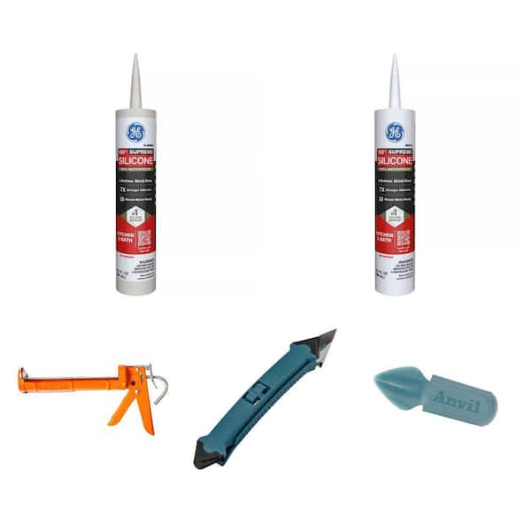 10.1 oz. Supreme Silicone Kitchen and Bath Sealant in Almond and White with Caulk Gun, and 4-in-1/2-in-1 Tool Combo