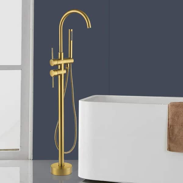 45-5/8 in. 2-Handle Residential Freestanding Tub Faucet with Hand Shower in Brushed Brass