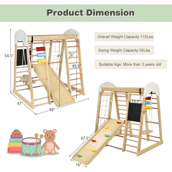 Costway Natural Indoor Playground Climbing Gym Kids Wooden 8-in-1