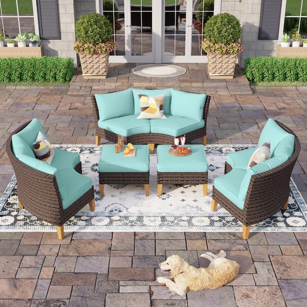 PHI VILLA Brown Rattan Wicker 8 Seat 8-Piece Steel Outdoor Patio Conversation Set with Blue Cushions