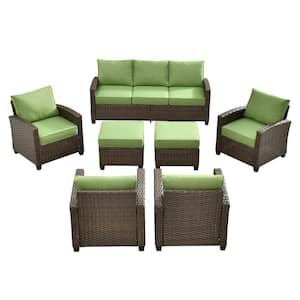 Solidago Brown 7-Piece Wicker Outdoor Patio Conversation Seating Set with Green Cushions