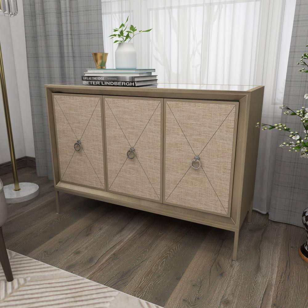 Gray Upholstered 3-Door Cabinet with Mirrored Top and Ring Handles