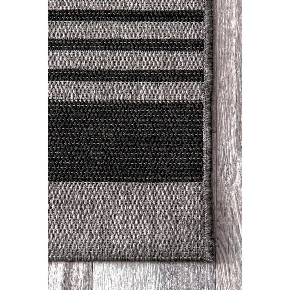 Gray and Black Striped Synthetic Indoor/Outdoor Rug