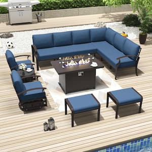 10-Seat Aluminum Patio Conversation Set with Fire Pit Table, Swivel Rocking Chairs, Ottoman and Cushion Navy Blue