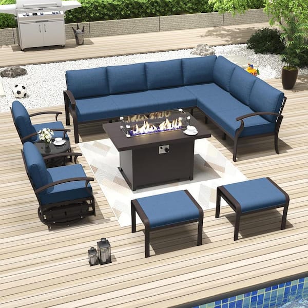 Halmuz 10-Seat Aluminum Patio Conversation Set with Fire Pit Table, Swivel Rocking Chairs, Ottoman and Cushion Navy Blue