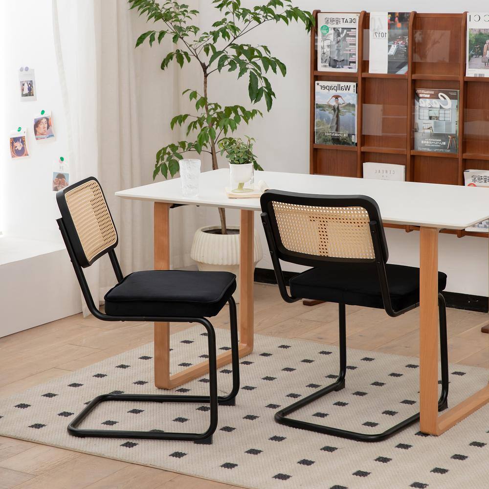 Black Rattan and Velvet Armless Dining Chairs, Set of 2
