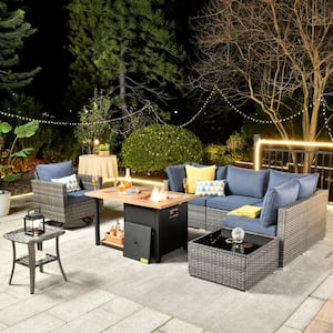 Sanibel Gray 8-Piece Wicker Patio Conversation Sofa Set with a Swivel Chair, a Storage Fire Pit and Denim Blue Cushions