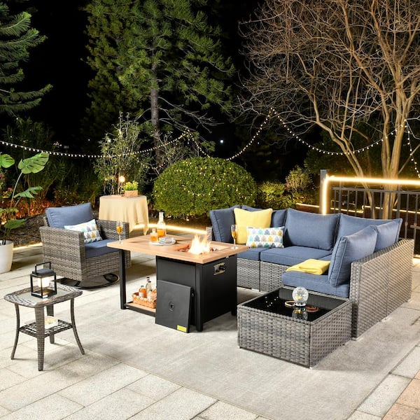 Sanibel Gray 8-Piece Wicker Patio Conversation Sofa Set with a Swivel Chair, a Storage Fire Pit and Denim Blue Cushions