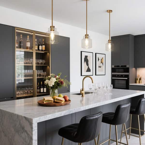 1-Light Brass Gold Pendant Light with Clear Glass Shade