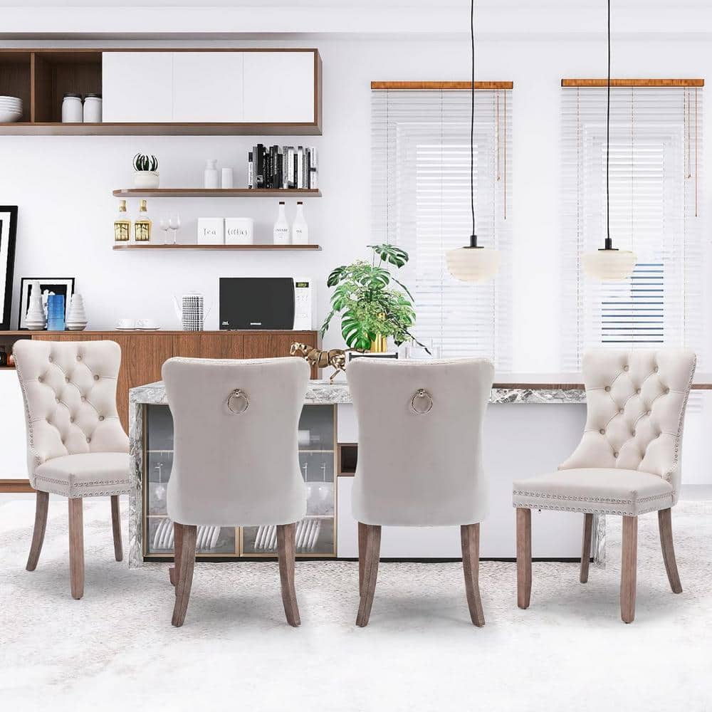 Beige Velvet Upholstered High Back Side Chair Set