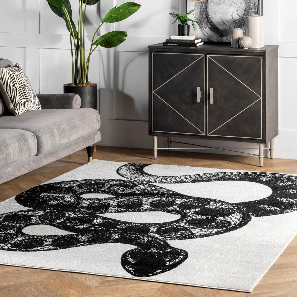 Serpent Charmer Black and White Synthetic Area Rug, 3' x 5'