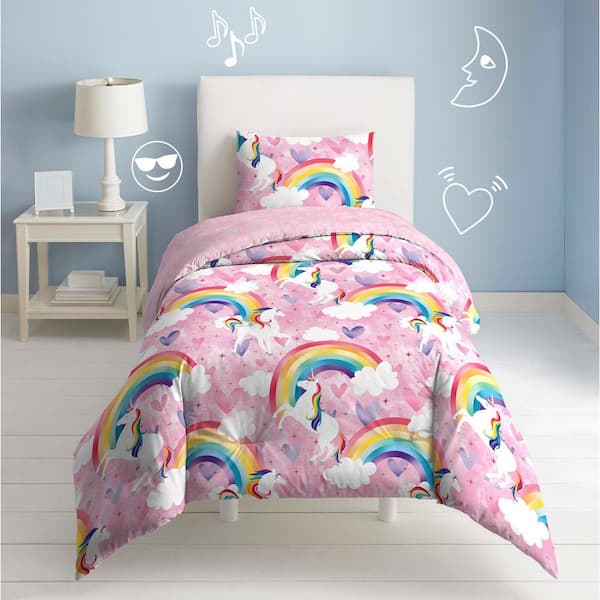 New Girl's Pink Twin Size Comforter Set Rainbow Unicorn Bed in a Bag  Bedding 