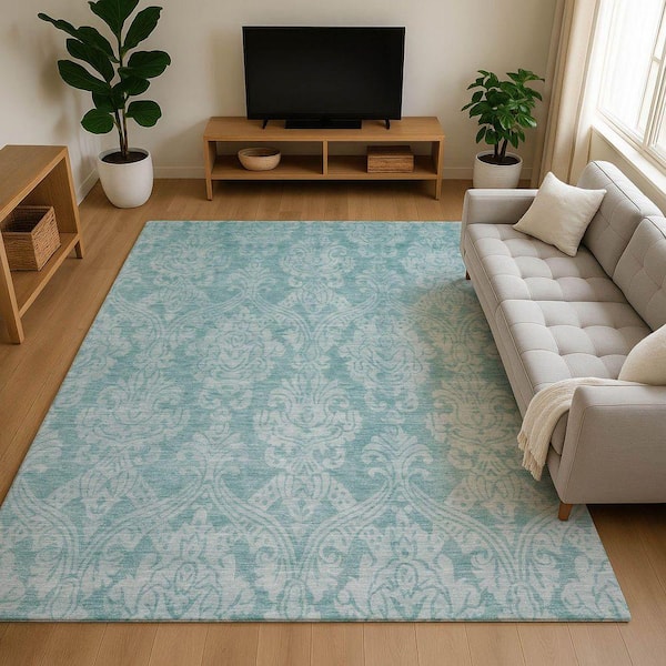 Mayfield Premium Machine Washable Abstract AMF1659 Aqua 5 ft. x 7 ft. 6 in. Area Rug
