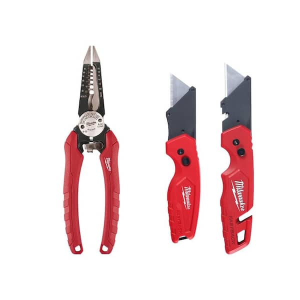 Milwaukee 7.75 in. Combination Electricians 6-in-1 Wire Strippers Pliers with 2 FASTBACK Utility Knifes