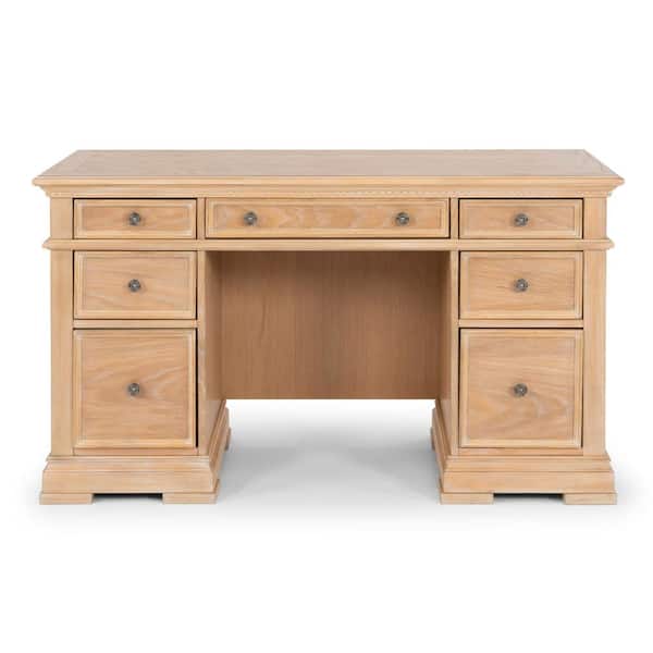 HOMESTYLES Manor House 56 in. Natural Wood 7-Drawer Pedestal Executive Desk