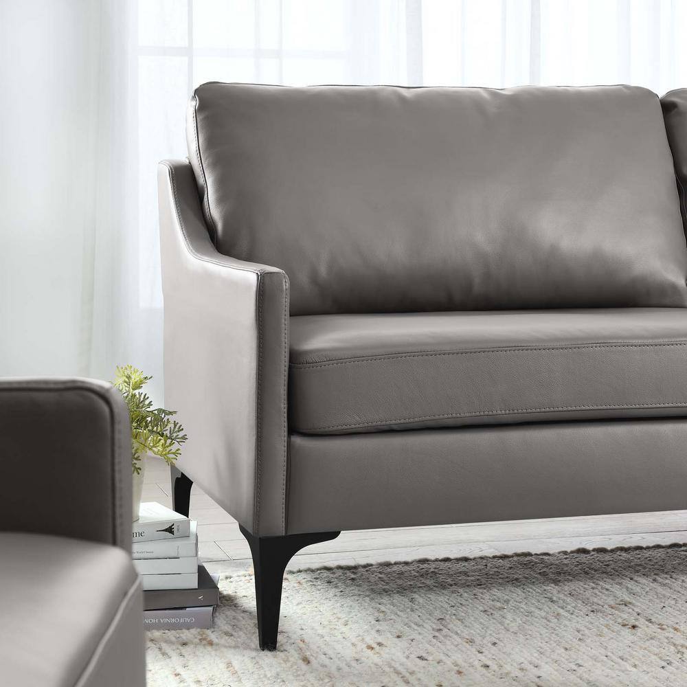 Mid-Century Modern Gray Leather Sofa with Removable Cushions