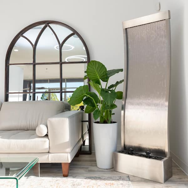 72 in. Steel Free-Standing Mirror Waterfall Fountain with Pump, LED Lights and Rocks, Modern Mirror Fountain