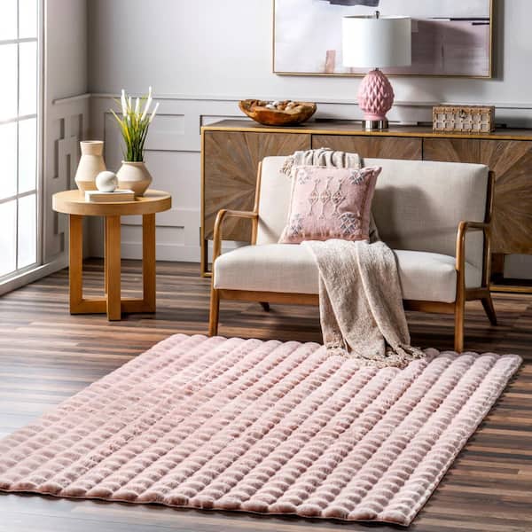 Jeni Solid Faux Rabbit Machine Washable Blush 3 ft. 9 in. x 6 ft. Area Rug