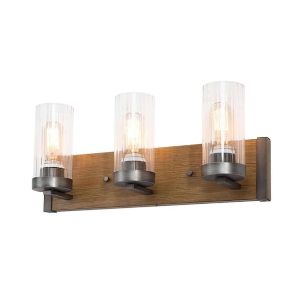 Unbranded 20 in. 3-Light Brushed Silver Vanity Light with Pine Wooden Textured and Clear Glass Shades