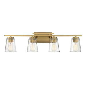 Calhoun 32 in. W x 8.75 in. H 4-Light Warm Brass Bathroom Vanity Light with Clear Cone Glass Shades