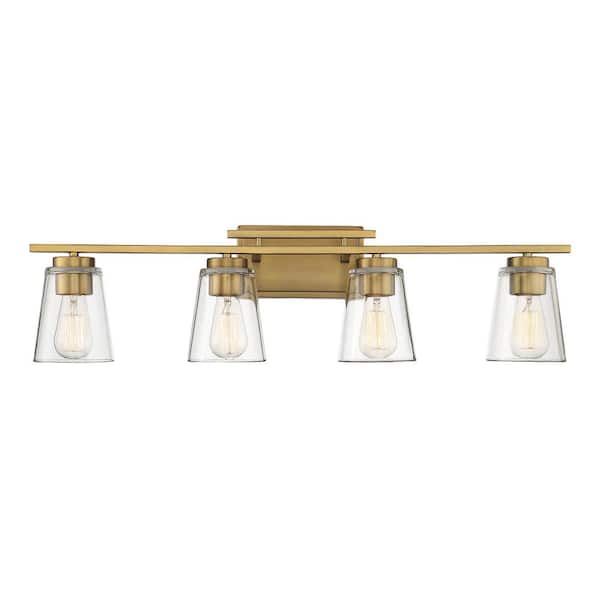 Savoy House Calhoun 32 in. W x 8.75 in. H 4-Light Warm Brass Bathroom Vanity Light with Clear Cone Glass Shades