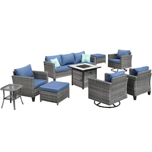 Lake Powell Gray 9-Piece Wicker Patio Conversation Fire Pit Seating Set with Denim Blue Cushions
