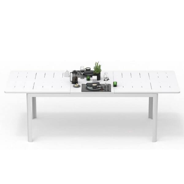 Ivory White Rectangular Metal Outdoor Dining Table with Expandable
