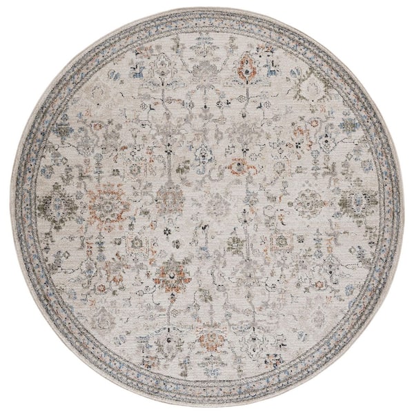 Grove 7 ft. x 7 ft. Round Ivory/Rust Blue Vintage Revival Floral Damask Area Rug