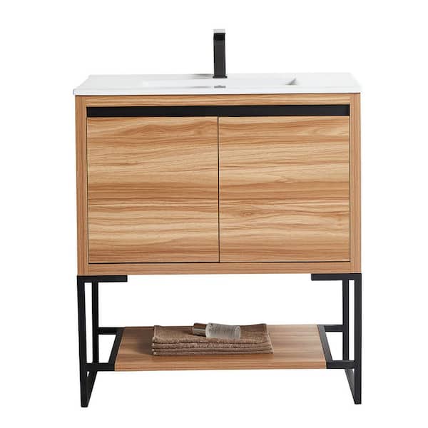 HBEZON JIM 35.83 in. W x 18.31 in. D x 35 in. H Floating Bath Vanity in Maple with White Integrated Ceramic Top 2 Doors & Shelf
