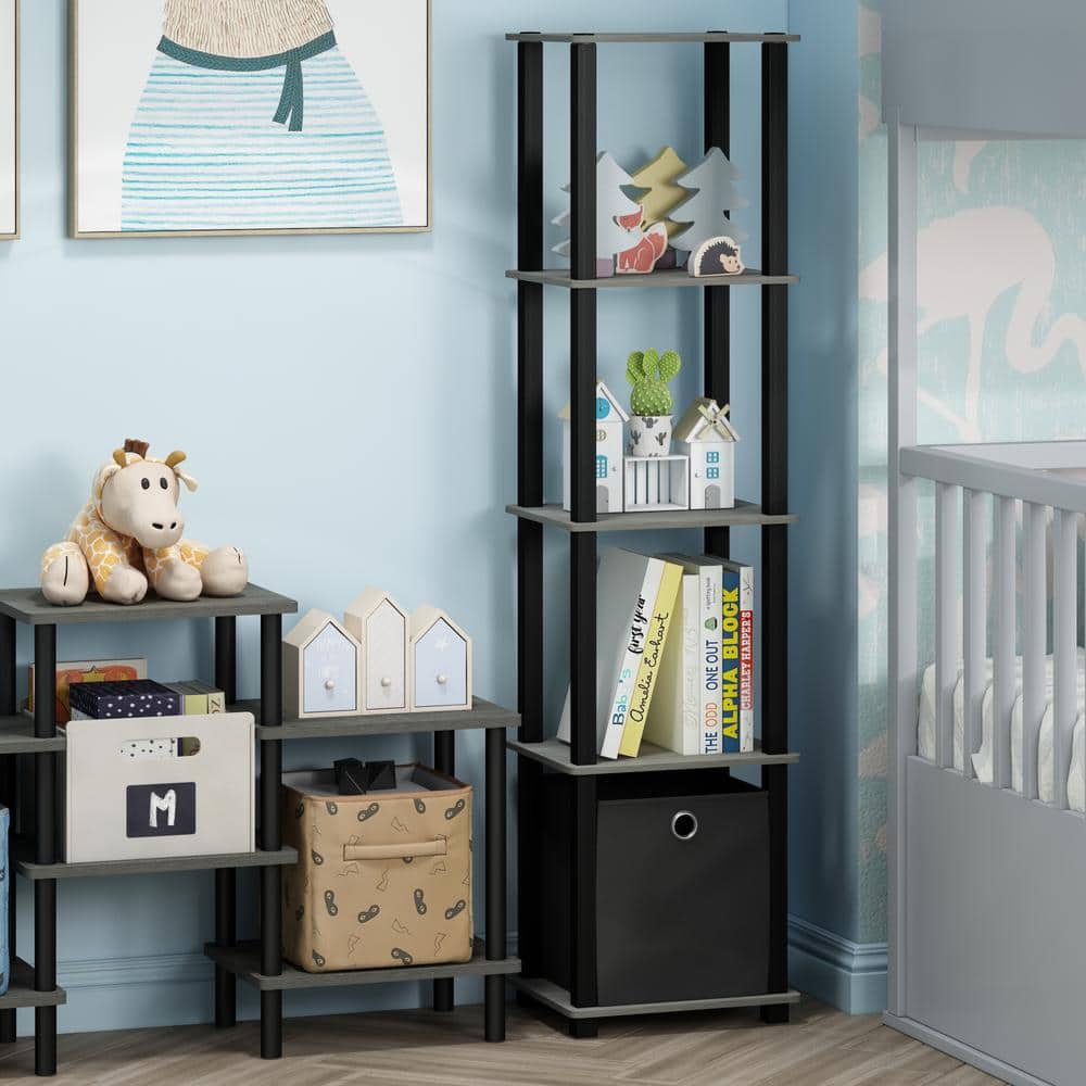 French Oak Grey 5-Tier Kid-Friendly Storage Shelf with Bin