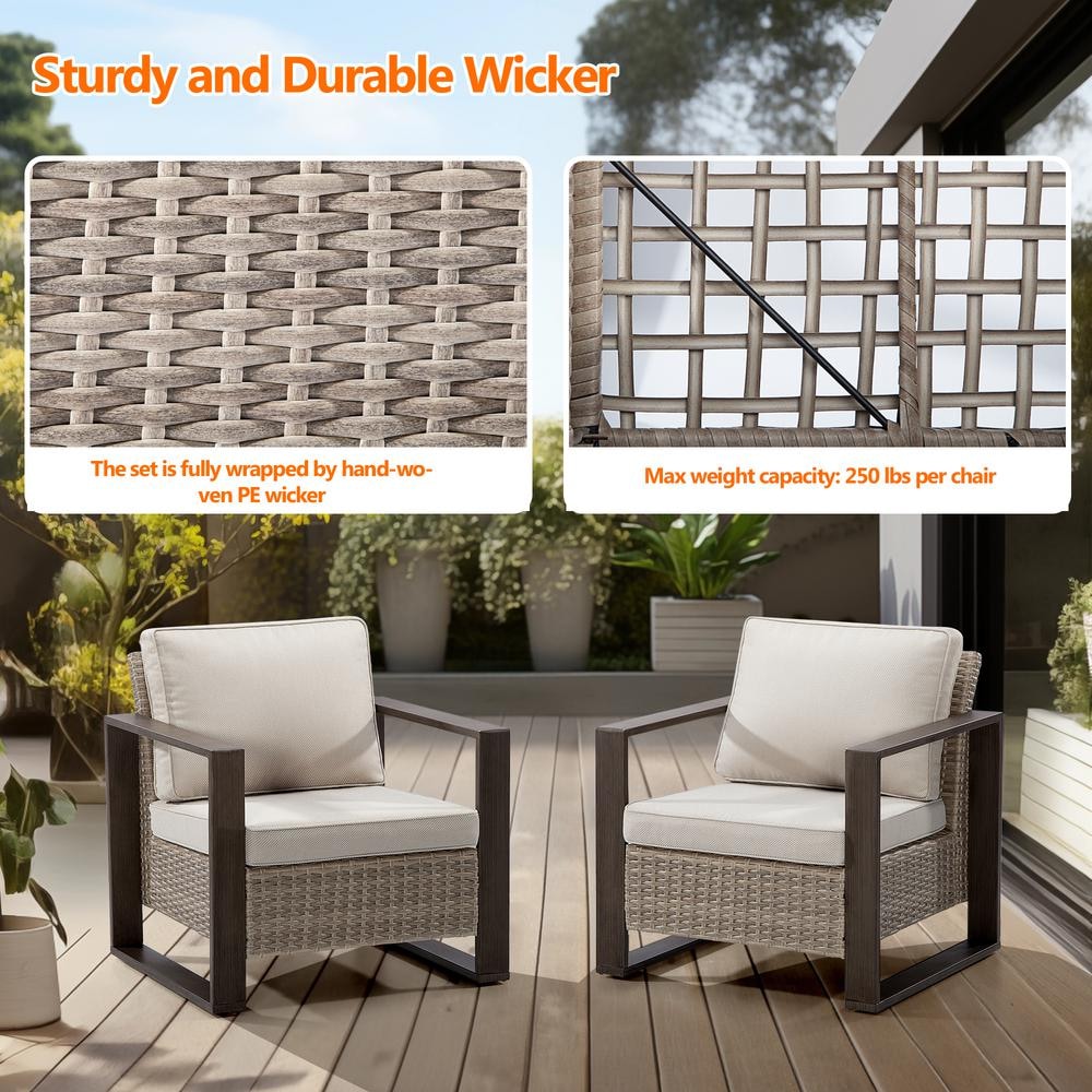 Beige Wicker Outdoor Lounge Chairs with Cushions and Metal Frame