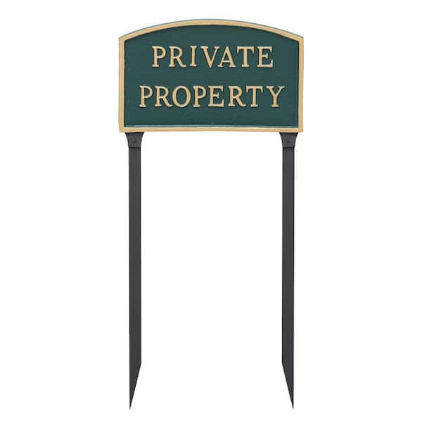 Montague Metal Products 13 in. x 21 in. L Arch Private Property Statement Plaque Sign with 23 in. Lawn Stakes - Green/Gold