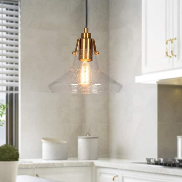 Zevni Modern 1-Light Plating Brass Pendant Light with Seeded Glass, Black Kitchen Island Hanging Light, Mini-Pendant Light