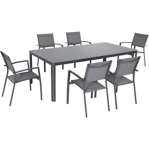 Hanover Fresno 7 Piece Aluminum Outdoor, Outdoor Glass Top Table And 6 Chairs