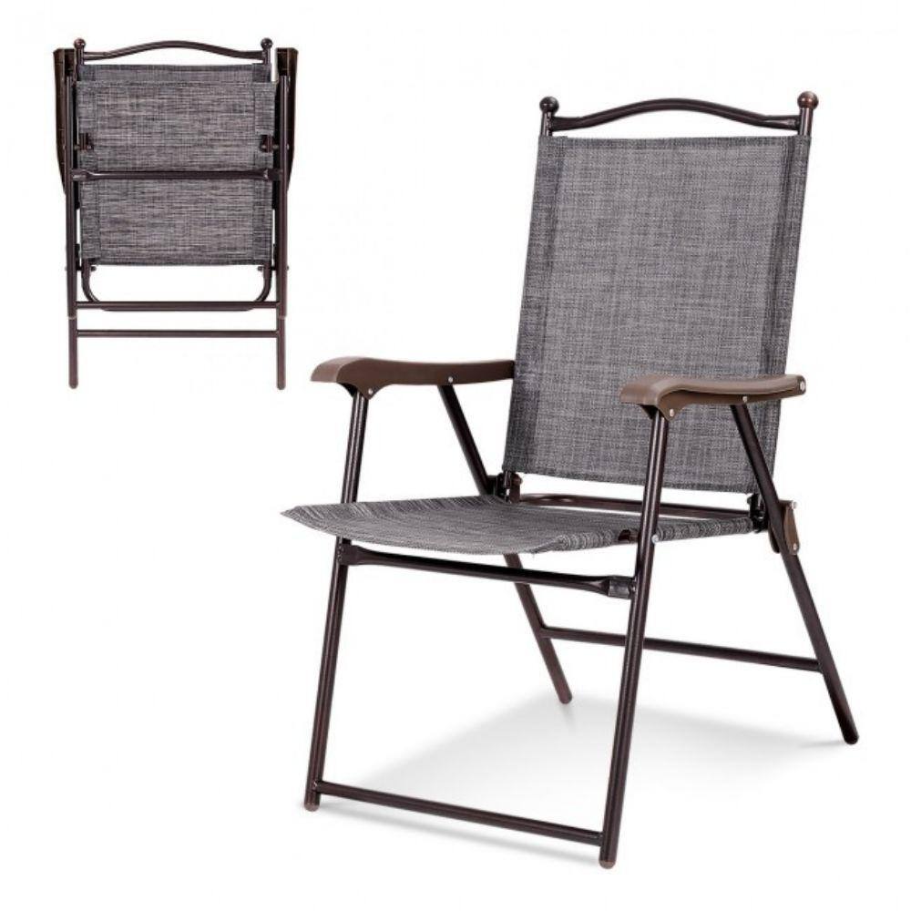 Gray Steel Frame Folding Camping Chairs with Arms, Set of 2