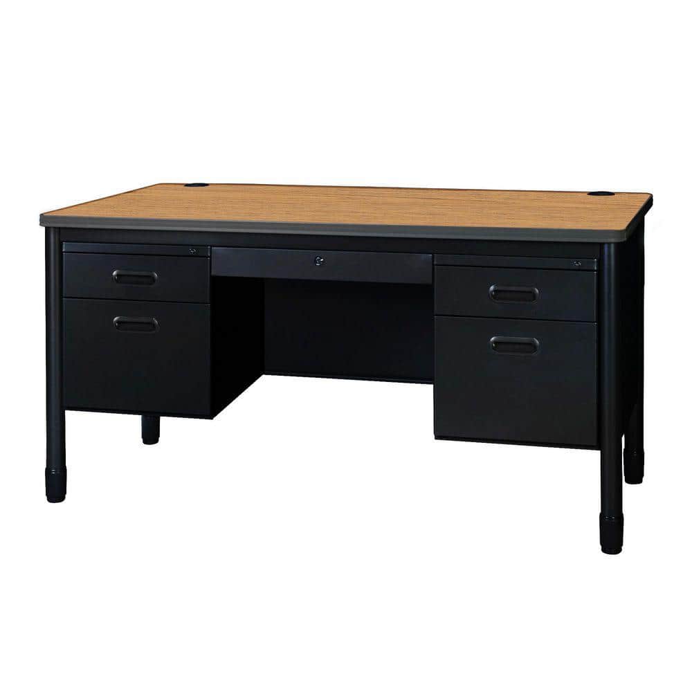 Mesa 60 in Medium Oak Top Steel Double Pedestal Teacher's Office Desk with Center Drawer, Black Base