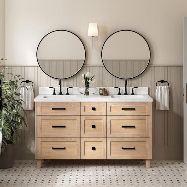 ARIEL Monroe 60 in. W x 22 in. D x 36 in. H Double Rectangle Sink Bath Vanity in Oak with Carrara White Quartz Top