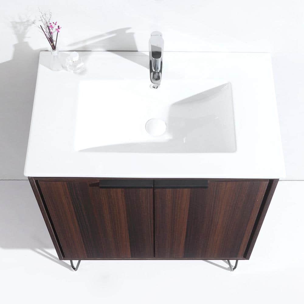 24 in. W x 18 in. D x 35 in. H Bath Vanity in Brown with White Ceramic Top