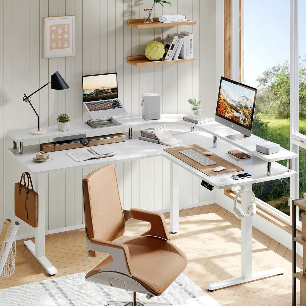 Bestier 63 in. L-Shaped White Carbon Fiber Wood Sit to Stand Desk