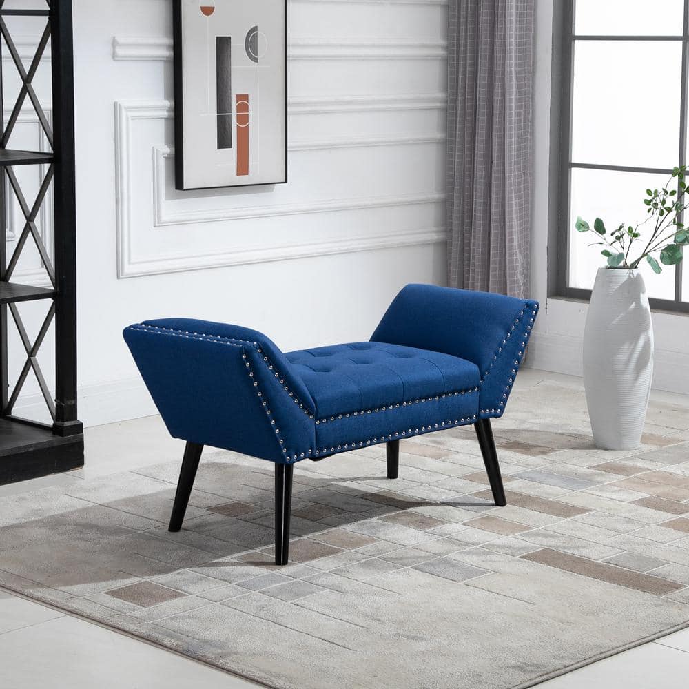 Elegant Nickel-Finish Tufted Linen Footstool with Arms in Blue